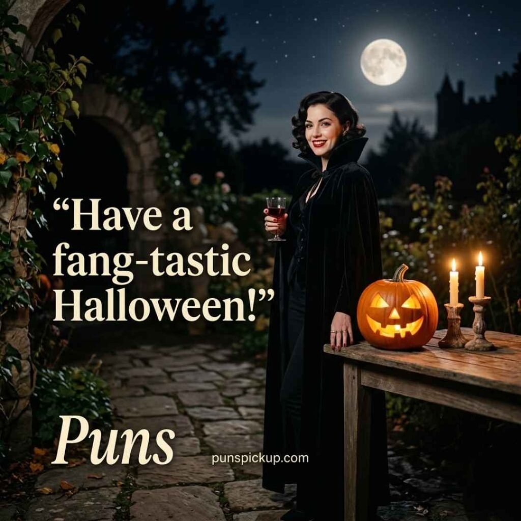Puns for Halloween featuring a realistic vampire, glowing pumpkin, candles, moonlit setting, and the playful message “Have a fang-tastic Halloween!”