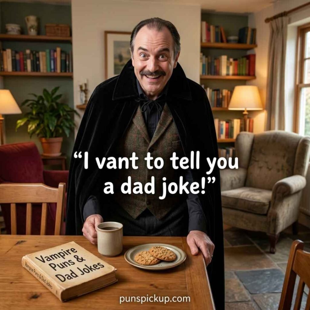 Funny vampire dad Puns featuring a friendly vampire father in a cozy dining room with a coffee mug and the saying “I vant to tell you a dad joke!”
