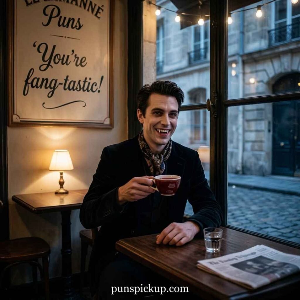 Short funny vampire Puns featuring a playful vampire at a cozy nighttime café with the cheerful saying “You’re fang-tastic!”