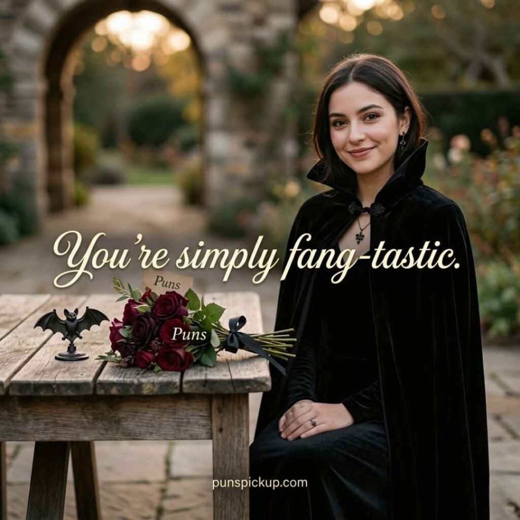 Cute vampire Puns with a smiling vampire, dark red roses, subtle bat decoration, and the sweet saying “You’re simply fang-tastic.”