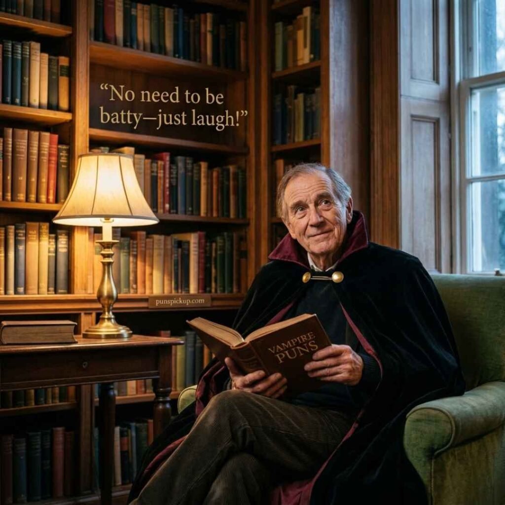 Clean and family-friendly Puns featuring a friendly vampire reading in a cozy library with the playful message “No need to be batty—just laugh!”
