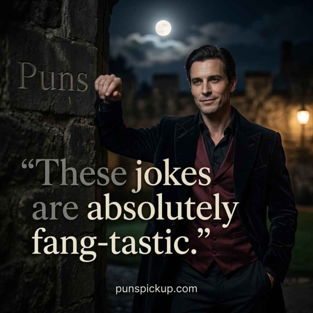 Punny vampire quotes and Puns showing a sophisticated vampire beneath a glowing full moon with the humorous message “These jokes are absolutely fang-tastic.”