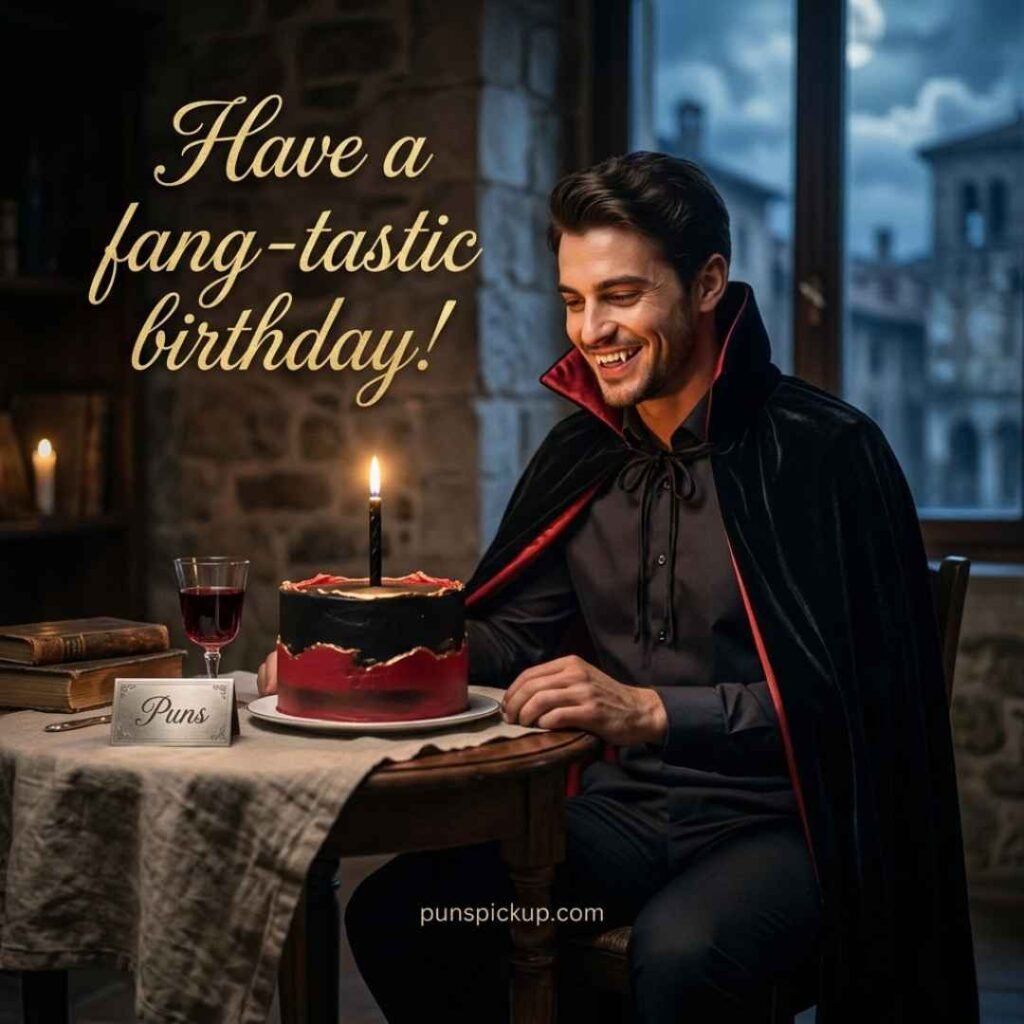 Vampire birthday Puns featuring a realistic vampire, elegant birthday cake, candlelight, moonlit background, and the message “Have a fang-tastic birthday!”