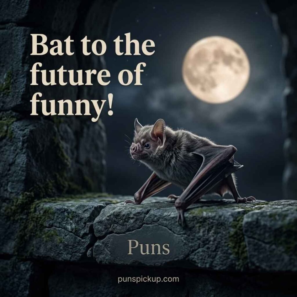 Realistic vampire bat Puns featuring a bat on a moonlit stone ledge with natural textures and the playful saying “Bat to the future of funny!”