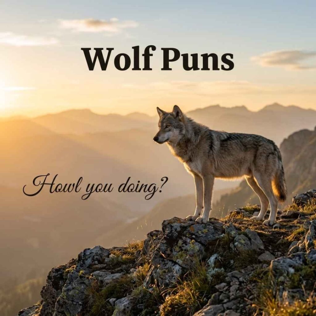 A realistic mountain wolf photo with a short joke quote and the keyword wolf puns displayed in a clean outdoor scene.