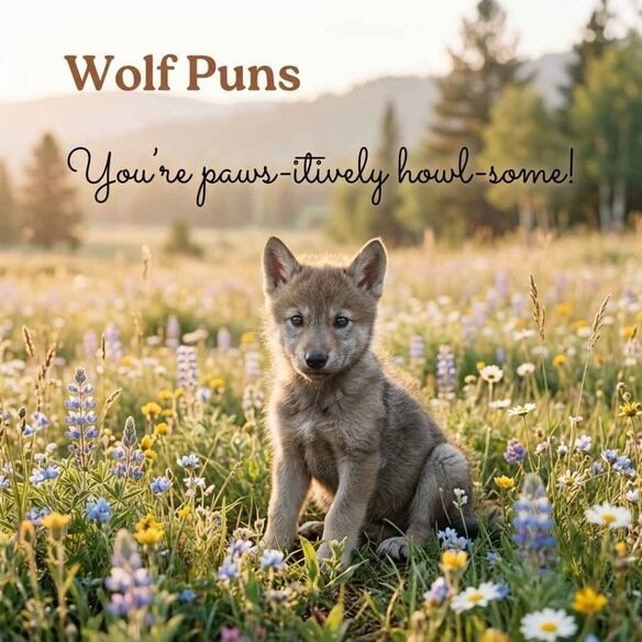 Cute wolf puns image showing a realistic wolf pup in flowers with a playful compliment quote and soft natural lighting.
