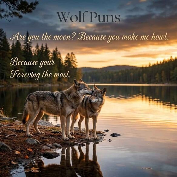 Romantic wolf puns scene with two realistic wolves by a lake and a playful wolf-themed pickup line.