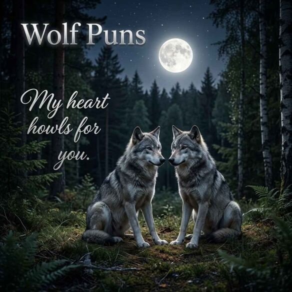 Under a glowing moon, two wolves share a peaceful moment with a romantic saying and wolf puns text in the image.