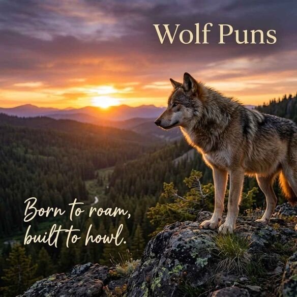 Realistic sunset wolf portrait with an Instagram-style caption and wolf puns text for social media sharing.