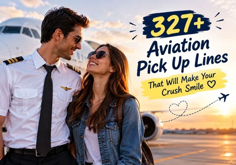 327+ Aviation Pick Up Lines image showing a pilot and traveler sharing a smile near a commercial airplane in a cinematic airport setting.