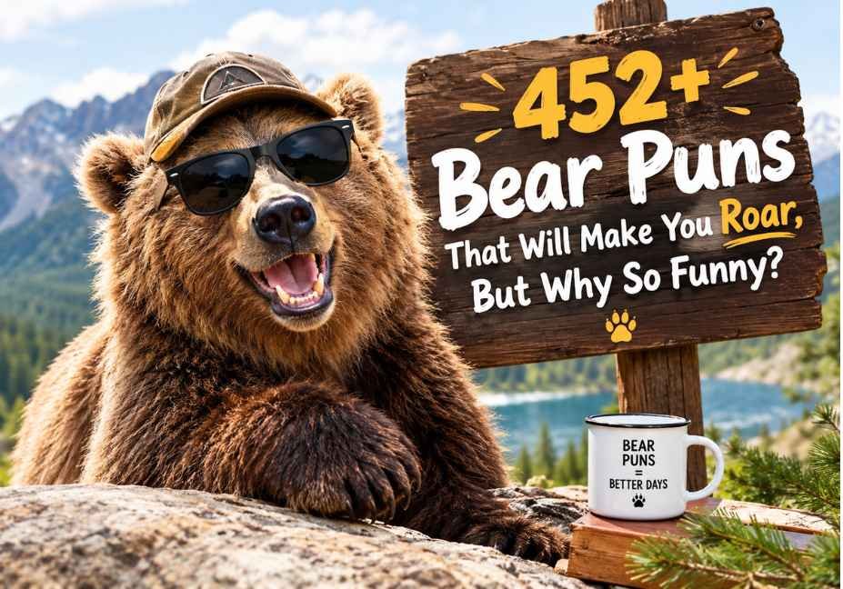 452+ Bear Puns featured image showing a funny brown bear wearing sunglasses beside a rustic sign with playful bear pun text in a scenic mountain landscape.