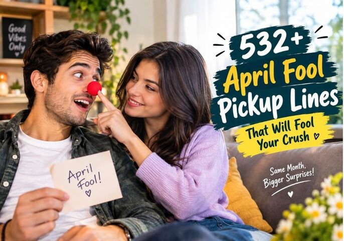 April Fool Pickup Lines featured with a flirty crush conversation, colorful April Fool decorations, romantic notes, and a realistic outdoor café setting.