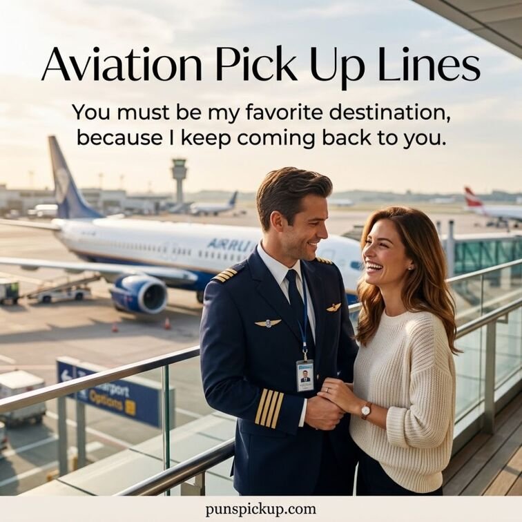 Cute Aviation Pick Up Lines image showing a pilot and smiling woman near an airplane with a charming romantic message.