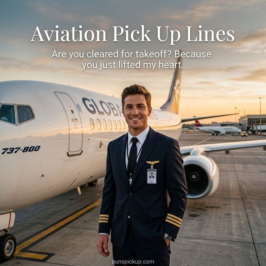 Funny Aviation Pick Up Lines featuring a smiling pilot beside a passenger airplane with a playful romantic pickup line at sunset.