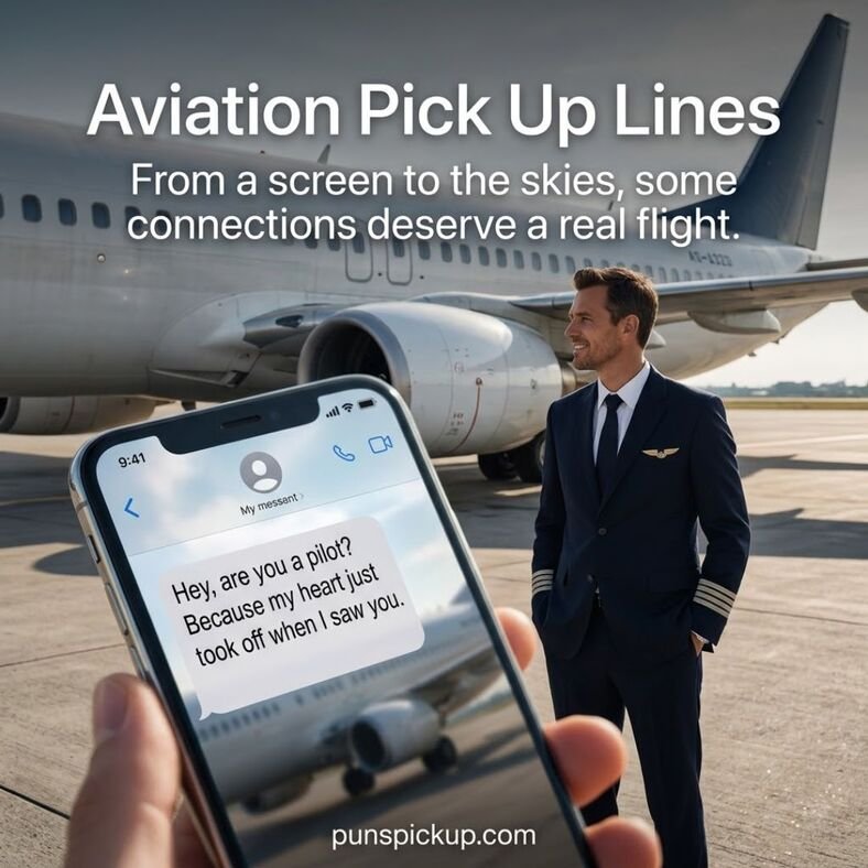 Digital versus real-life Aviation Pick Up Lines showing a romantic aviation message on a smartphone with a pilot and airplane in the background.