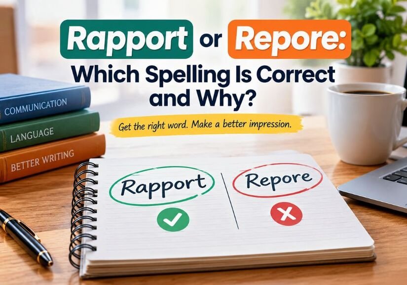 Educational desk scene explaining Rapport or Repore, highlighting the correct spelling and helping readers understand the difference between the two terms.