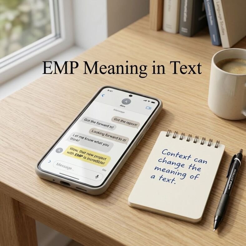 EMP Meaning in Text showing EMP highlighted in a casual smartphone conversation