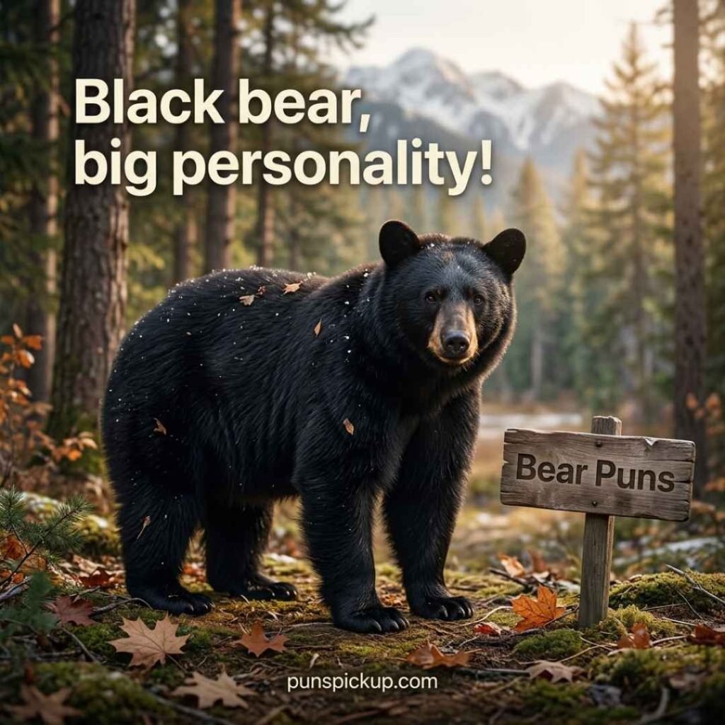American black bear in a forest clearing with Bear Puns and a playful black bear saying.