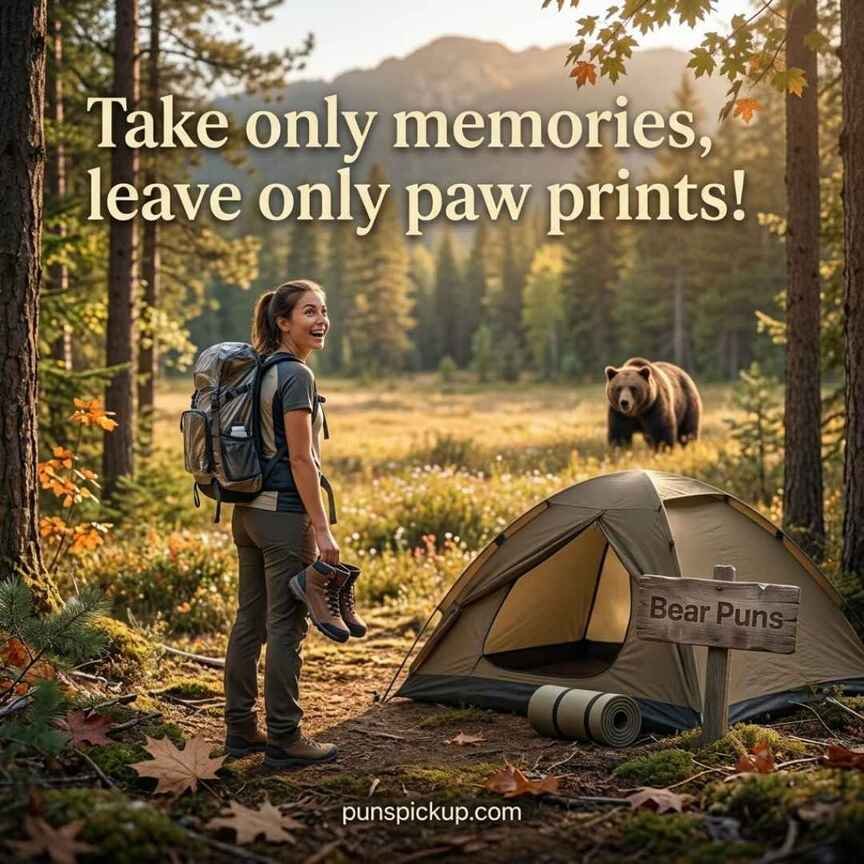 Hiker at a forest campsite with a distant bear, Bear Puns, and a playful outdoor saying.