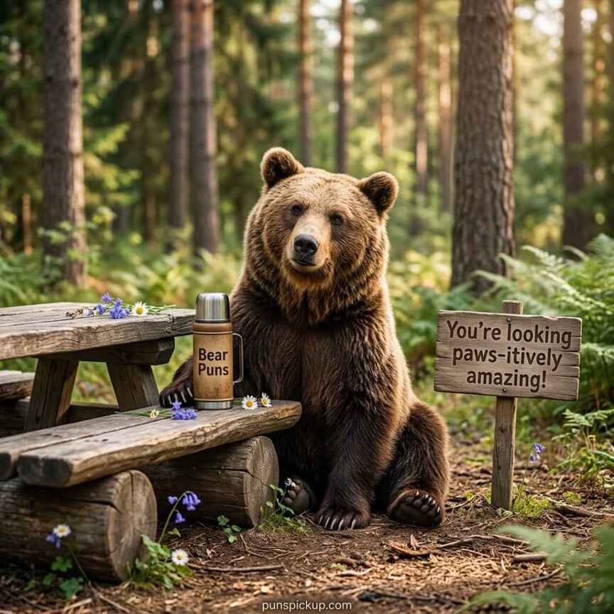Playful brown bear beside a forest bench with Bear Puns and a humorous paws-itively themed saying.