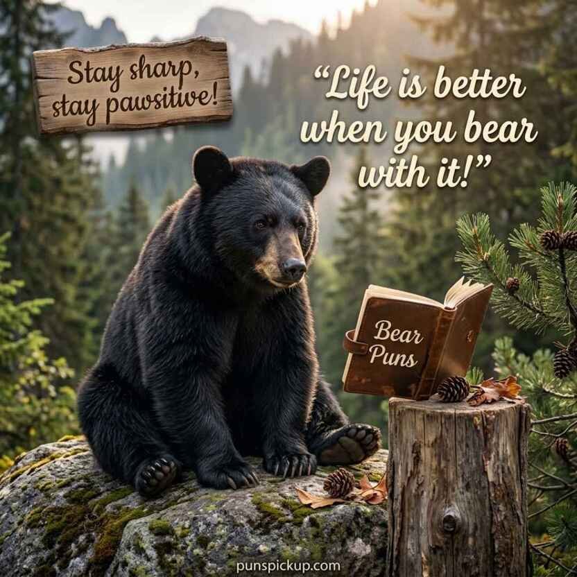 A thoughtful woodland bear scene with Bear Puns and a clever pawsitive saying on a rustic plaque.
