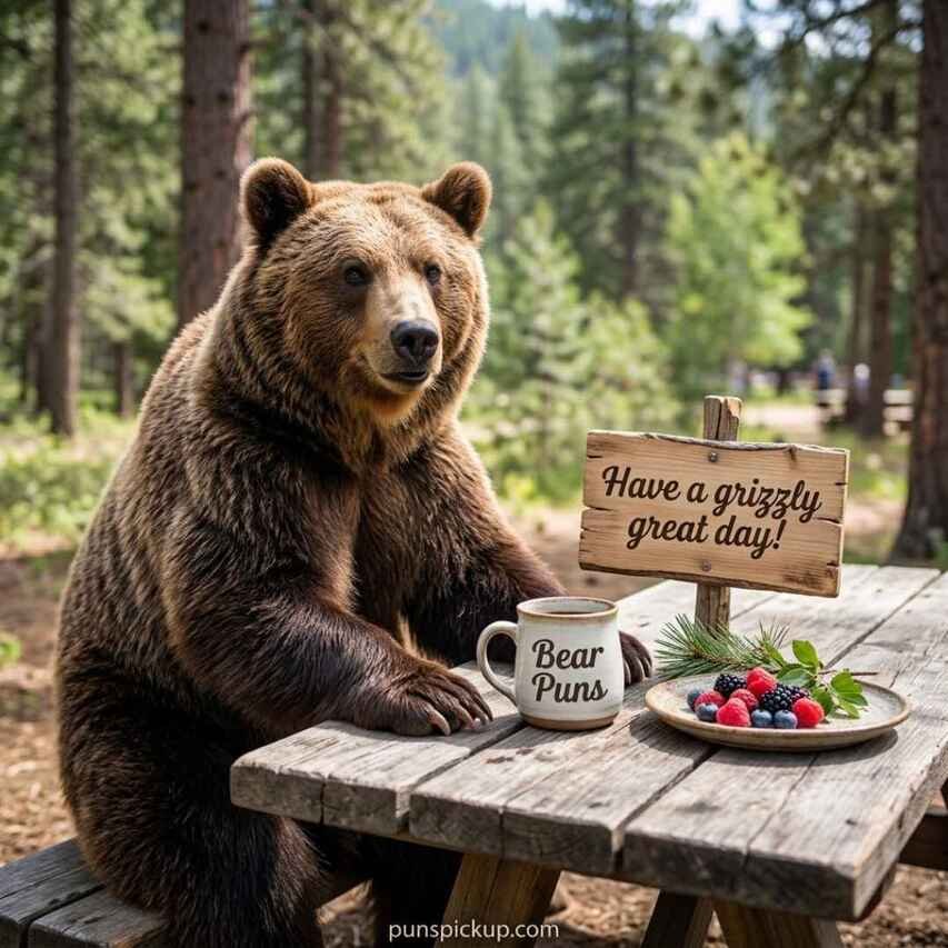 Funny brown bear enjoying coffee outdoors with Bear Puns and a playful everyday saying.