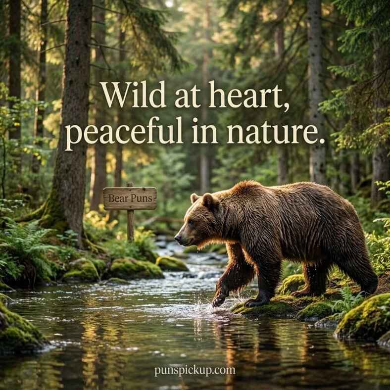 Majestic brown bear walking beside a mountain stream with Bear Puns and a peaceful nature caption.