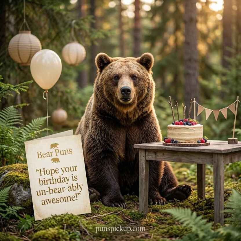 Brown bear birthday scene with cake and card featuring Bear Puns and a cheerful birthday message.