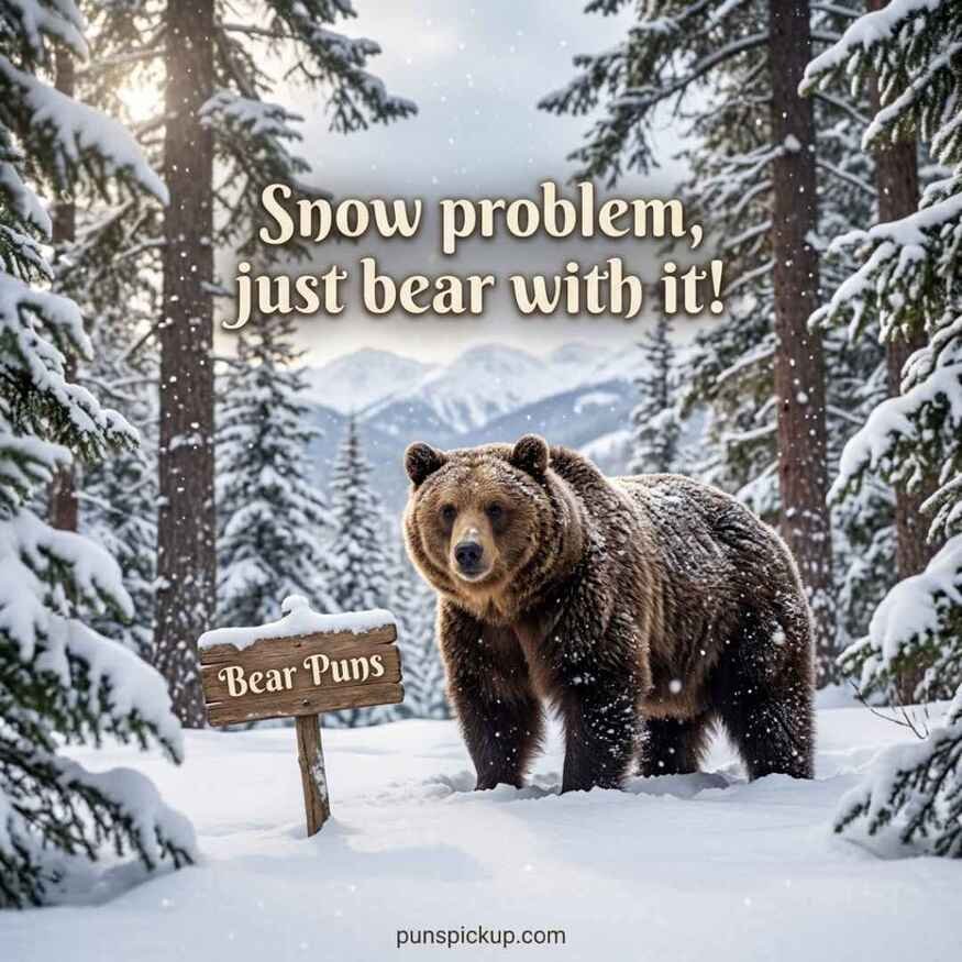 Snowy brown bear in an evergreen forest with Bear Puns and a playful winter saying.