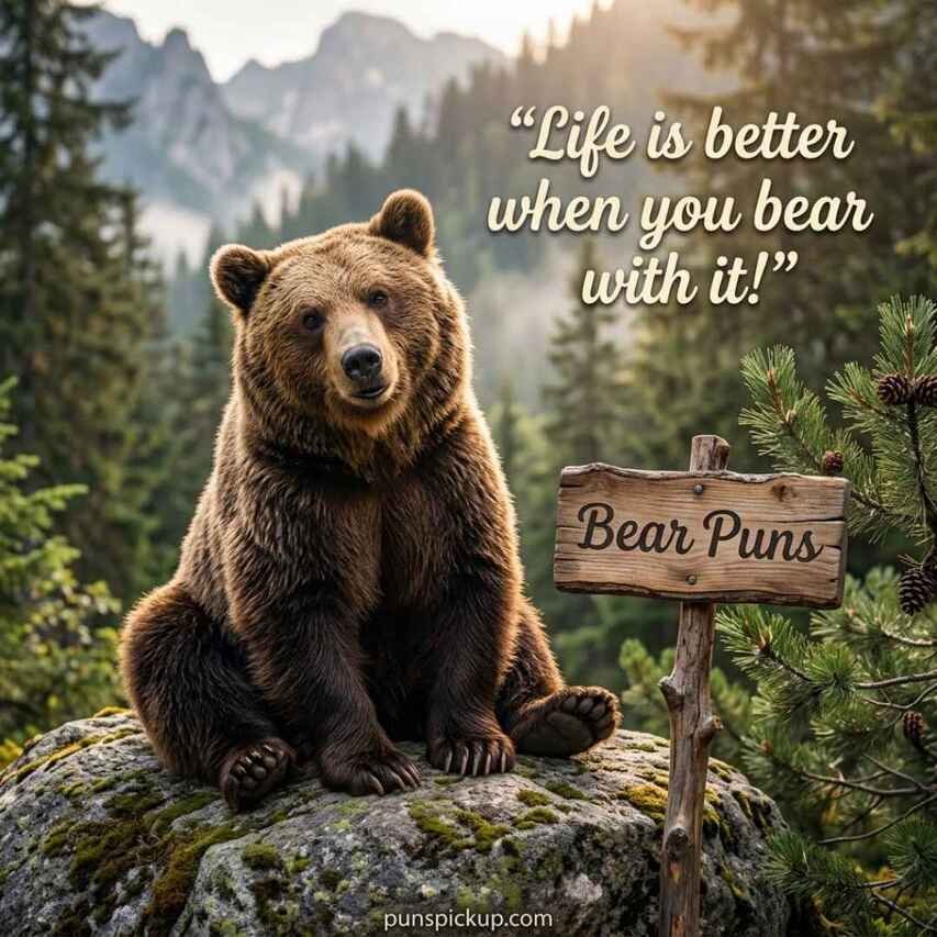 Best Bear Puns featuring a friendly brown bear beside a rustic sign in a scenic forest setting.