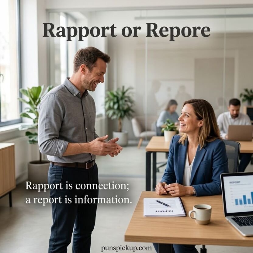 Rapport or Repore explained through a professional conversation showing the difference between rapport and a report.