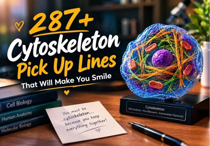 Realistic cytoskeleton model with colorful cellular structures and biology books beside a romantic note featuring 287+ Cytoskeleton Pick Up Lines That Will Make You Smile.