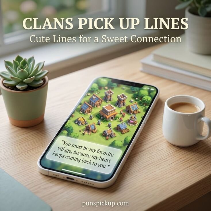 Clans Pick Up Lines with a smartphone showing a colorful strategy-game village, a green plant, and a cute pickup line about finding a favorite village.