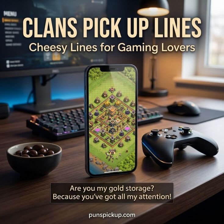 Clans Pick Up Lines featuring a smartphone with a strategy-game village, gaming controller, and a cheesy gold-storage pickup line for gaming enthusiasts.