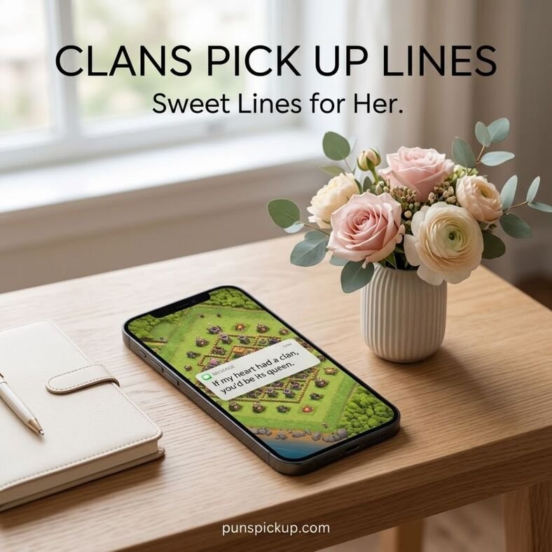 Clans Pick Up Lines for Her featuring a strategy-game village on a smartphone, pink flowers, and a sweet pickup line calling her the queen of your heart.