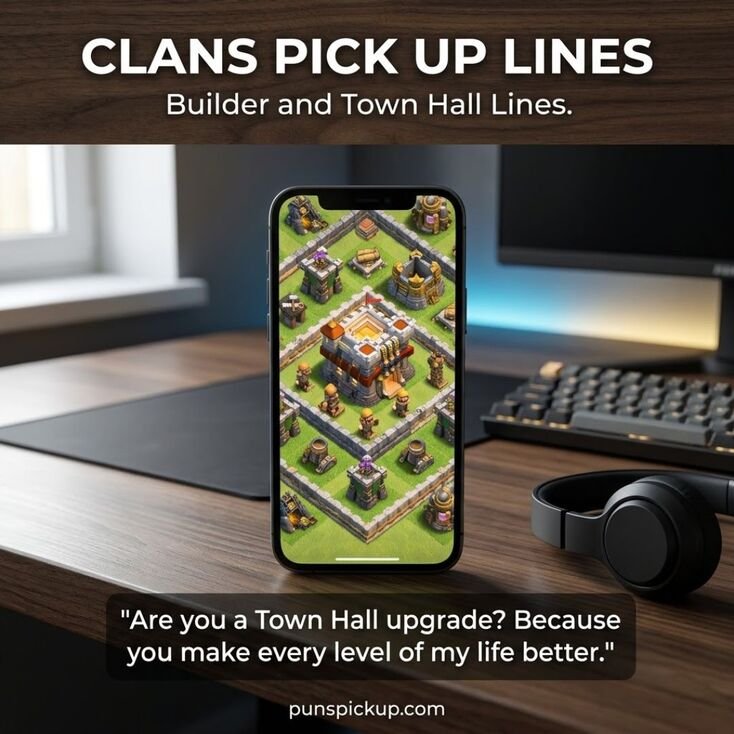 Clans Pick Up Lines featuring a smartphone with a strategy-game Town Hall, builder-themed village, gaming headset, and a clever upgrade pickup line.