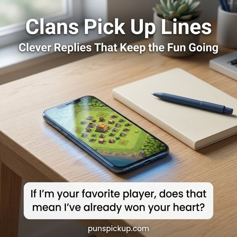 Clans Pick Up Lines featuring a smartphone with a strategy-game village, a notebook, and a clever reply for keeping a playful gaming conversation going.
