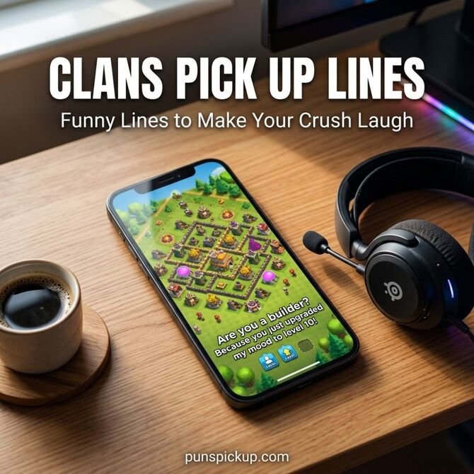 Clans Pick Up Lines featuring a smartphone with a strategy-game village, gaming headset, and a funny builder-themed pickup line for gaming fans.