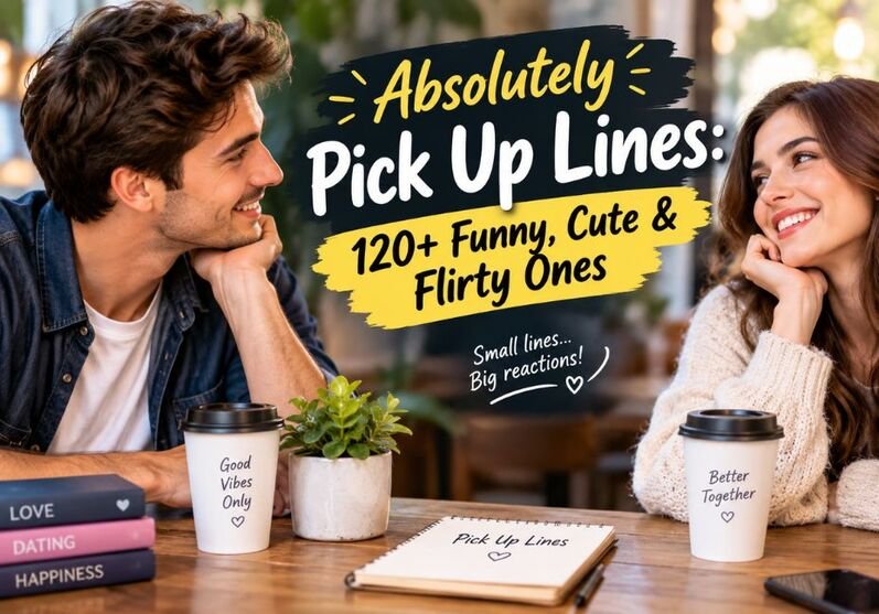 Absolutely Pick Up Lines: 120+ Funny, Cute & Flirty Ones featuring a smiling young couple flirting in a cozy café with coffee cups, romantic décor, and playful dating-themed details.