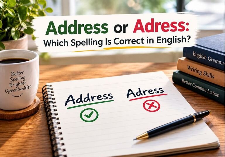 Address or Adress spelling guide showing the correct English spelling “Address” and incorrect “Adress” on a notebook with grammar books, pen, and coffee on a professional wooden desk.