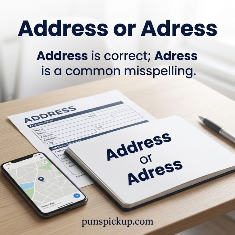 Address or Adress comparison explaining the difference between the correct spelling “Address” and the common misspelling “Adress,” with punspickup.com at the bottom.