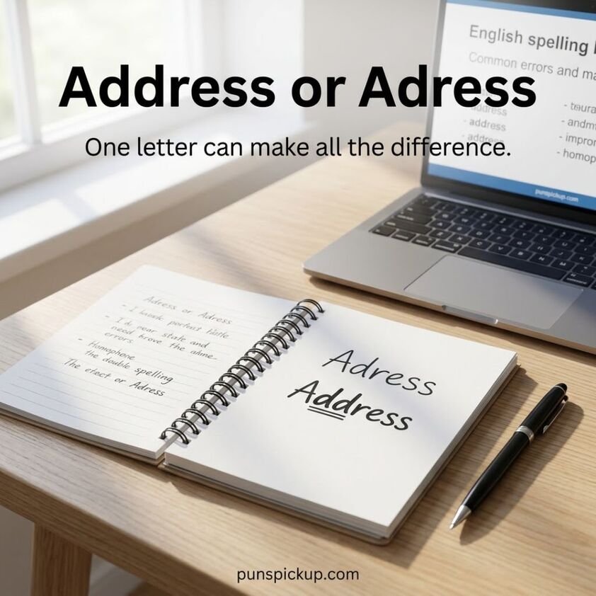Address or Adress spelling guide showing why people commonly write “Adress” instead of the correct spelling “Address,” with a clean educational workspace and punspickup.com.