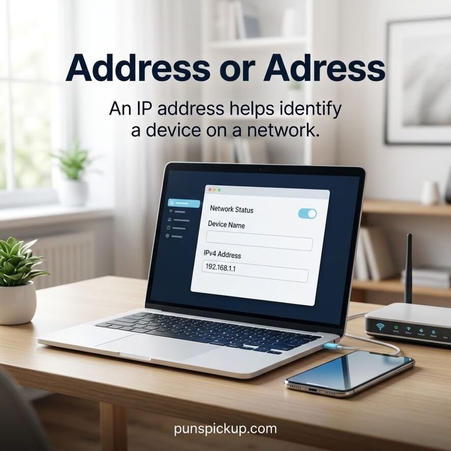 Address or Adress technology guide showing a laptop, smartphone, and Wi-Fi router with an example IP address and an explanation of what an IP address is, featuring punspickup.com.