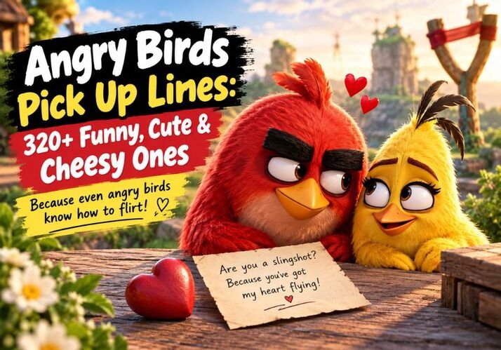 Angry Birds Pick Up Lines: 320+ Funny, Cute & Cheesy Ones featuring red and yellow birds, romantic hearts, and a funny flirtatious pickup line in a colorful blog featured image.