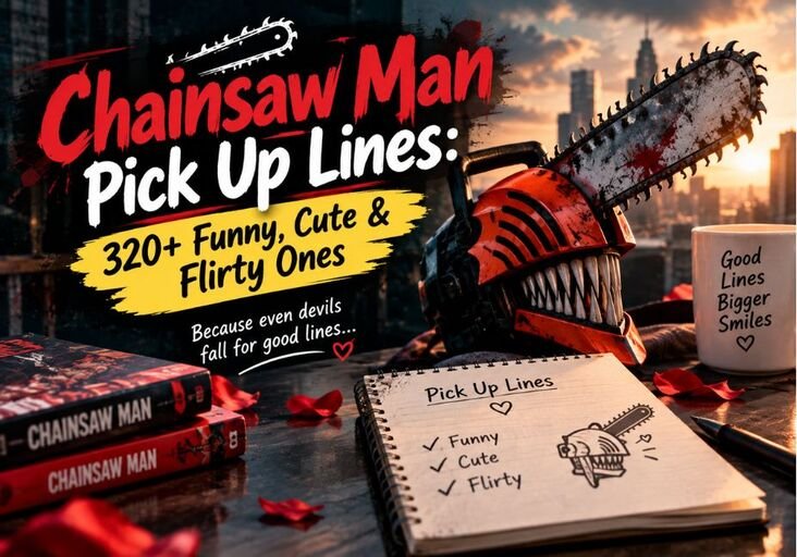 Chainsaw Man Pick Up Lines: 320+ Funny, Cute & Flirty Ones featuring a chainsaw-themed prop, manga books, a romantic quote notebook, and dramatic red-and-black cinematic lighting.
