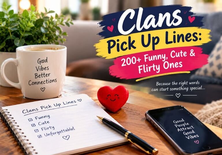 Clans Pick Up Lines: 200+ Funny, Cute & Flirty Ones featuring a cozy coffee mug, romantic heart decoration, notebook, and smartphone in a warm, inviting setting.