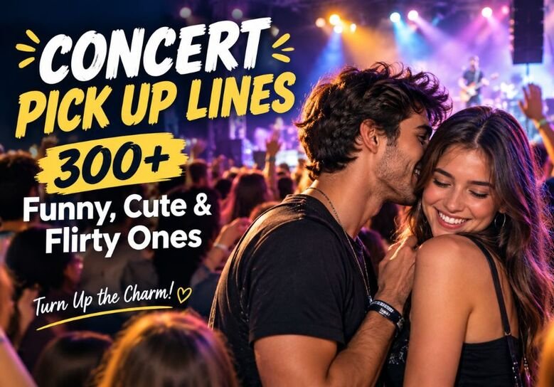 Concert Pick Up Lines: 300+ Funny, Cute & Flirty Ones featuring a romantic couple sharing a flirty moment at a live music concert with colorful stage lights and an excited audience.