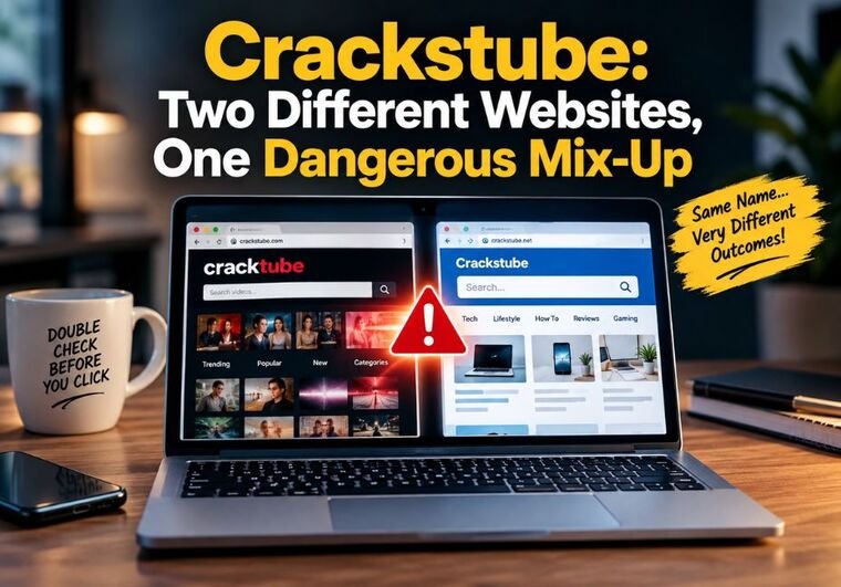 Crackstube: Two Different Websites, One Dangerous Mix-Up featured image showing a laptop displaying two similarly named websites with a warning symbol, highlighting the importance of checking the correct Crackstube website before clicking.