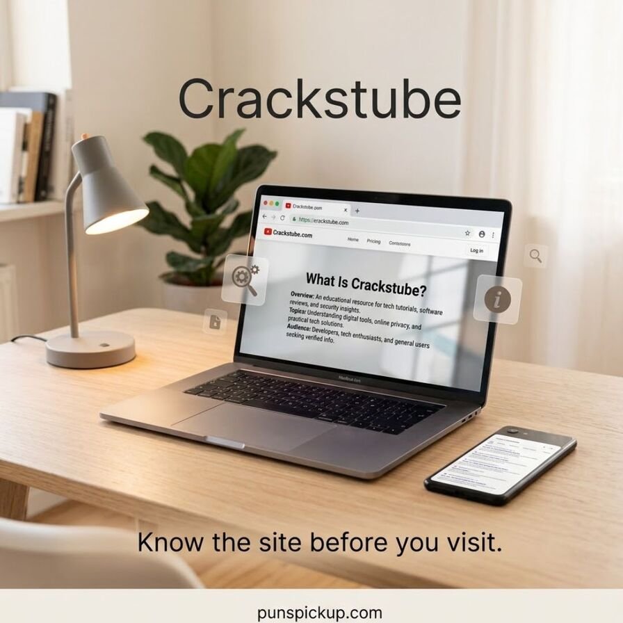 Professional Crackstube explainer image showing a laptop researching what Crackstube is, with a website-awareness message and punspickup.com displayed at the bottom.