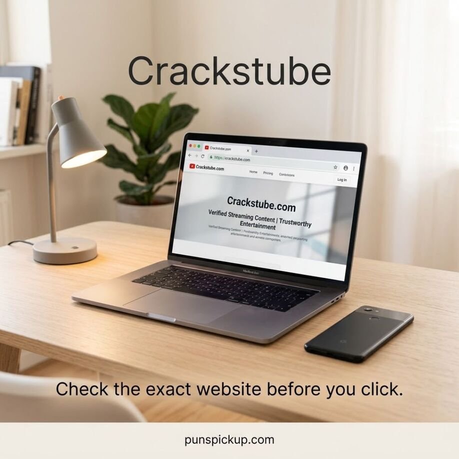 Realistic Crackstube.com website image showing a laptop with the Crackstube website, a message about checking the exact website, and punspickup.com at the bottom.